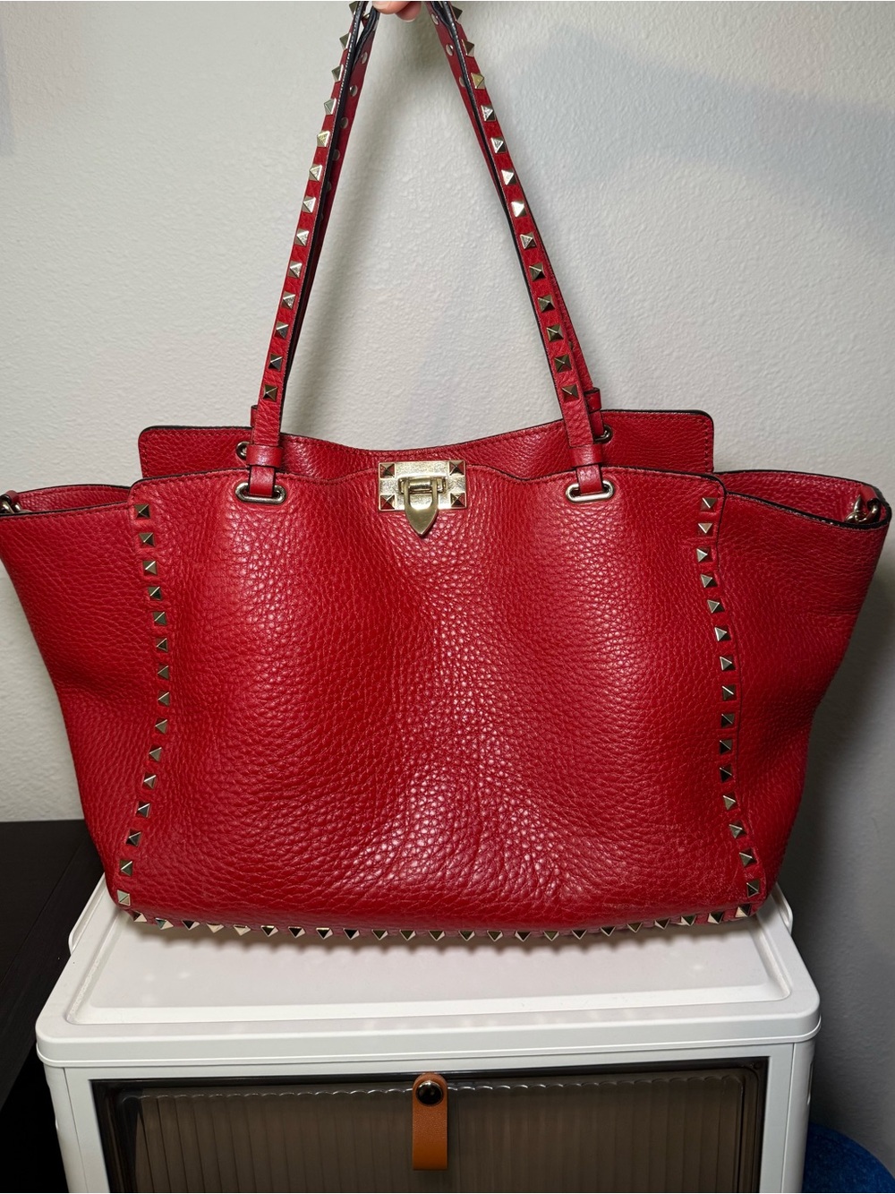 Valentino Garavani Red Rockstud Leather Tote with gold studs